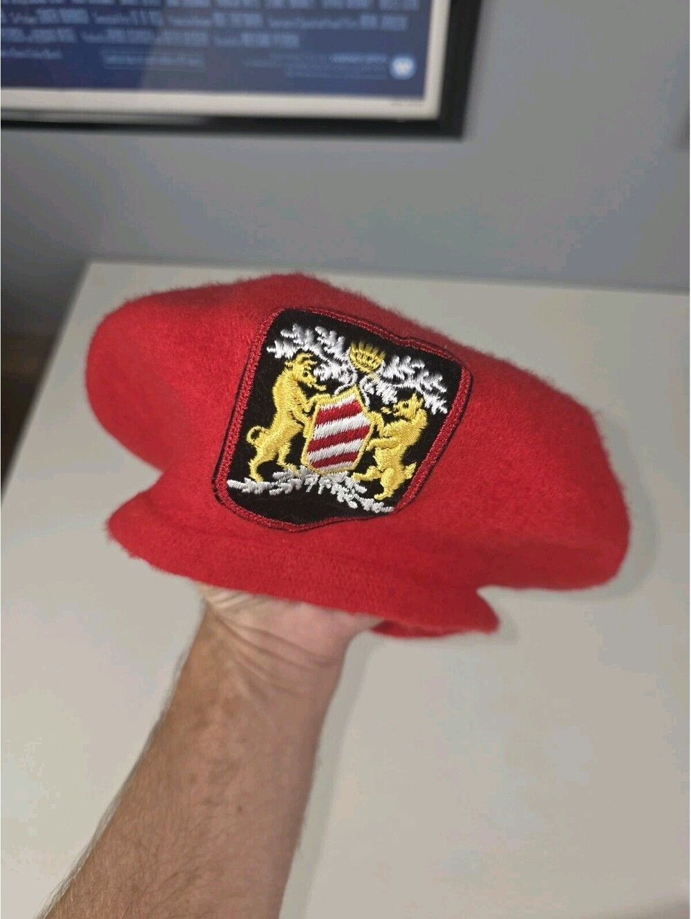 Red Wool Military Beret - Embroidered Shield Patch Logo